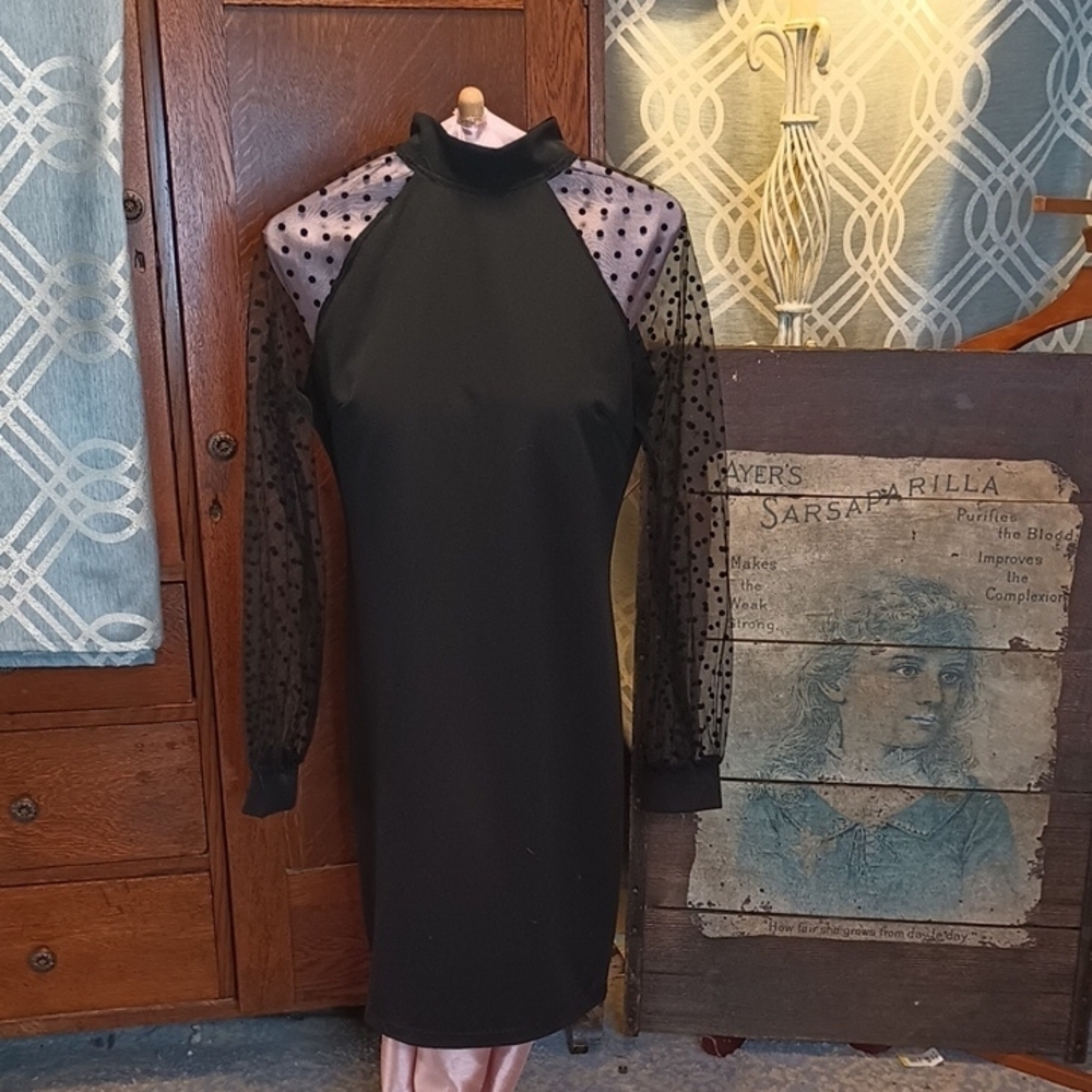 P-12 Black Bodycon Dress with Sheer Polka Dot Sleeves 12